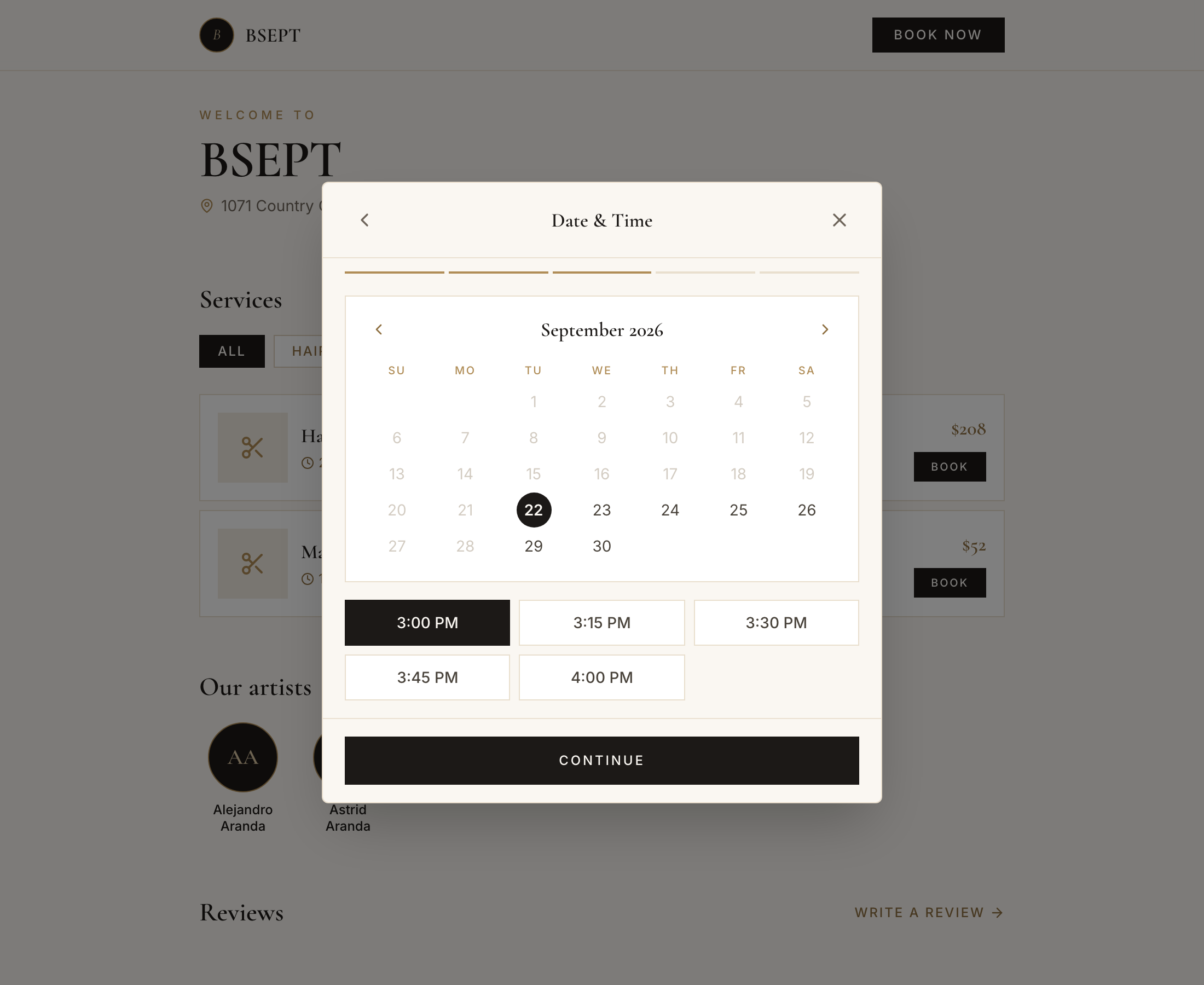 The booking page's date and time step