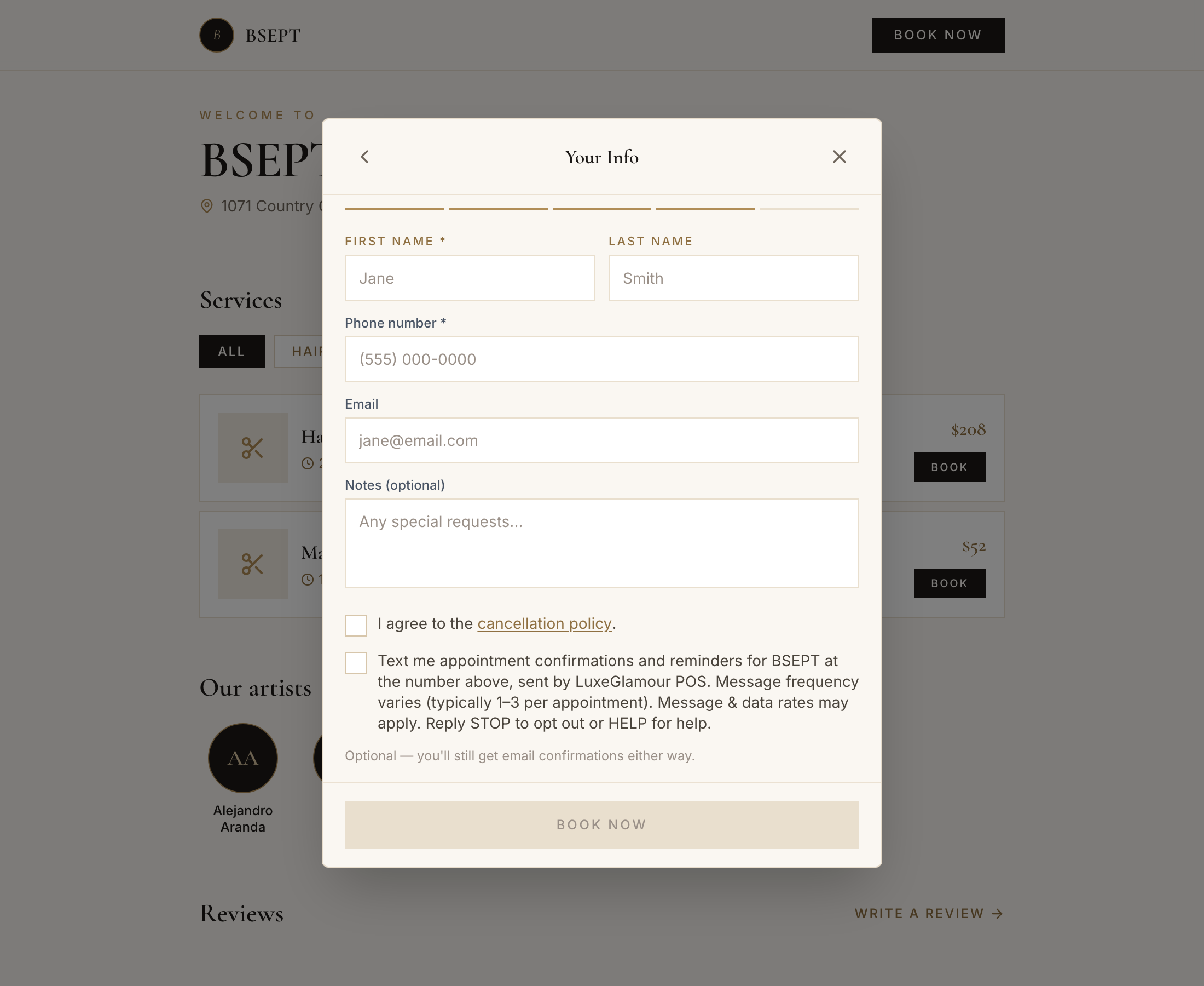 The Your Info step showing the unchecked SMS consent checkbox under the phone number field