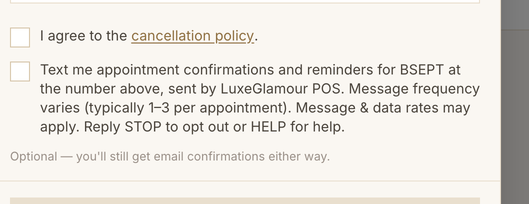 Close-up of the unchecked SMS consent checkbox and its full wording